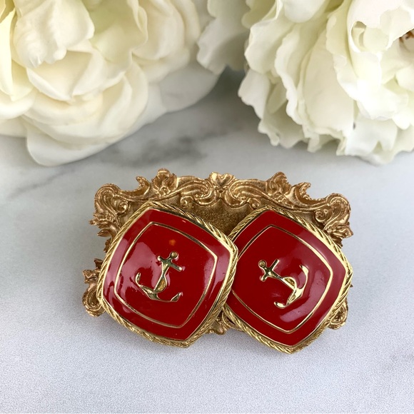 Vintage Gold Tone Anchor Sailer Red Enamel Large Square Earrings - Picture 1 of 8